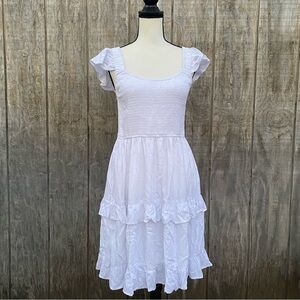 LEANI White Ruffle Smocked Babydoll Lined Tiered Mini Dress Size L